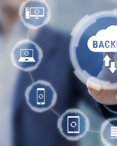 Backup files and data on internet with cloud storage technology that sync all online devices and computers with network connection, protection against loss, business person touch screen icon concept